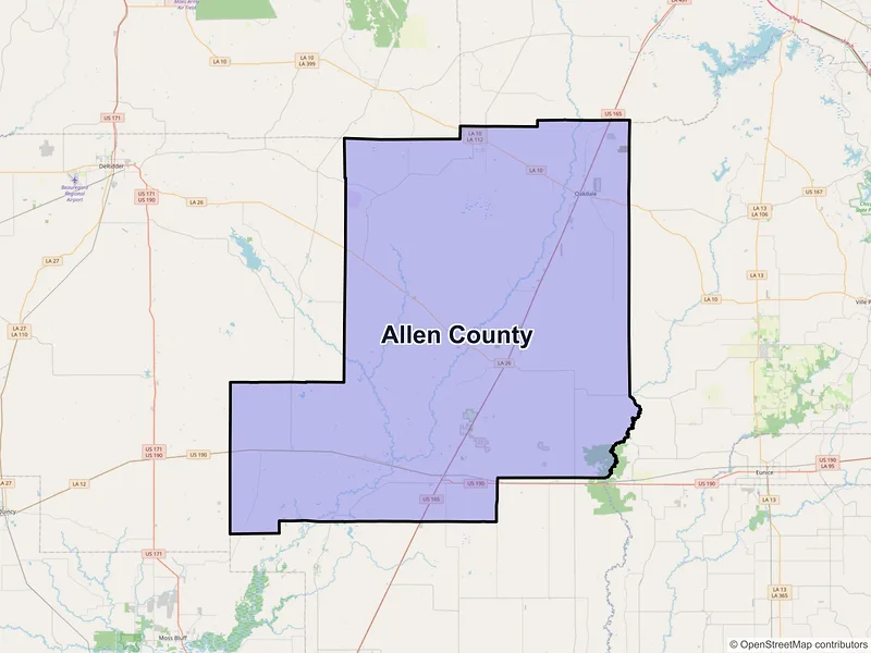 Map of Allen County, Louisiana and ZIP codes