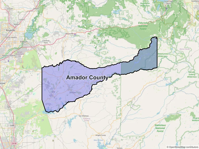 Map of Amador County, California and ZIP codes