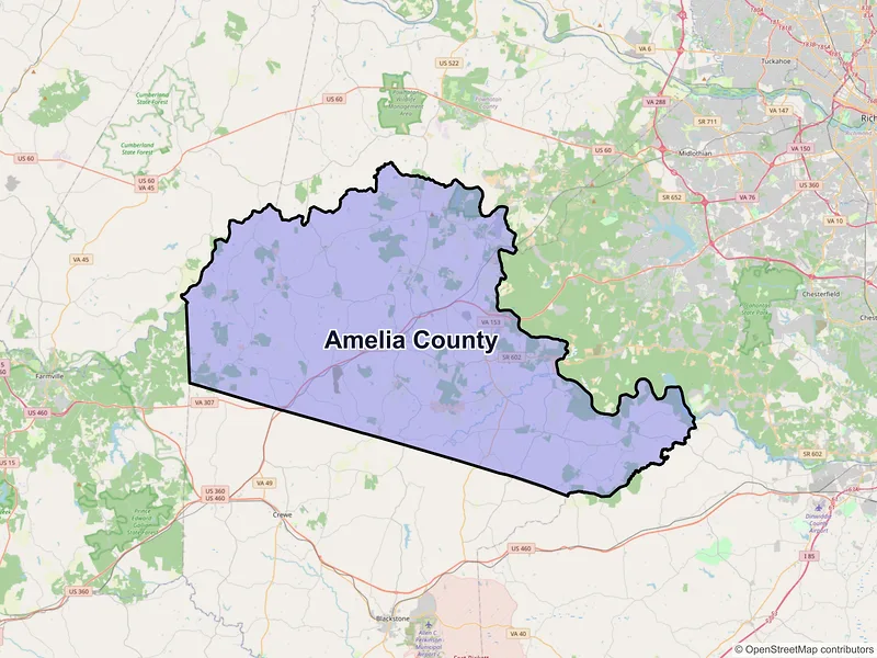 Map of Amelia County, Virginia and ZIP codes