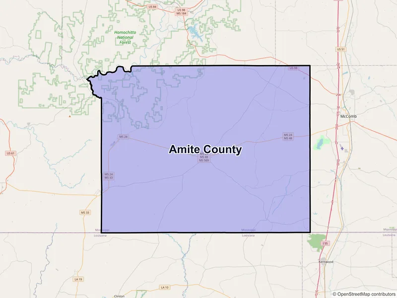 Map of Amite County, Mississippi and ZIP codes
