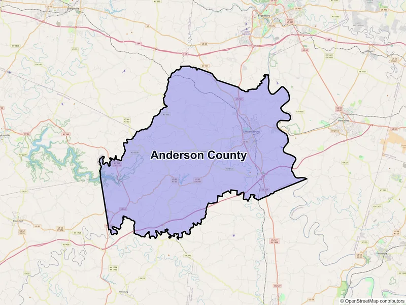 Map of Anderson County, Kentucky and ZIP codes