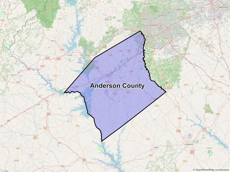 Map of Anderson County, South Carolina and ZIP codes