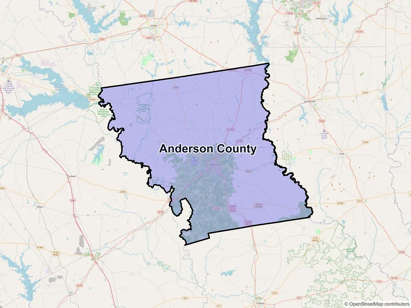 Map of Anderson County, Texas and ZIP codes