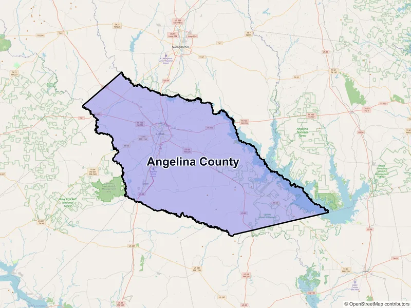 Map of Angelina County, Texas and ZIP codes