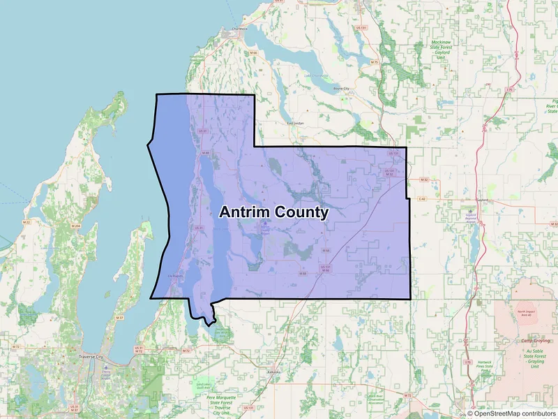 Map of Antrim County, Michigan and ZIP codes