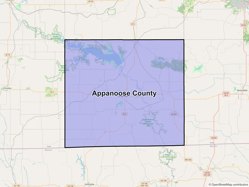 Map of Appanoose County, Iowa and ZIP codes