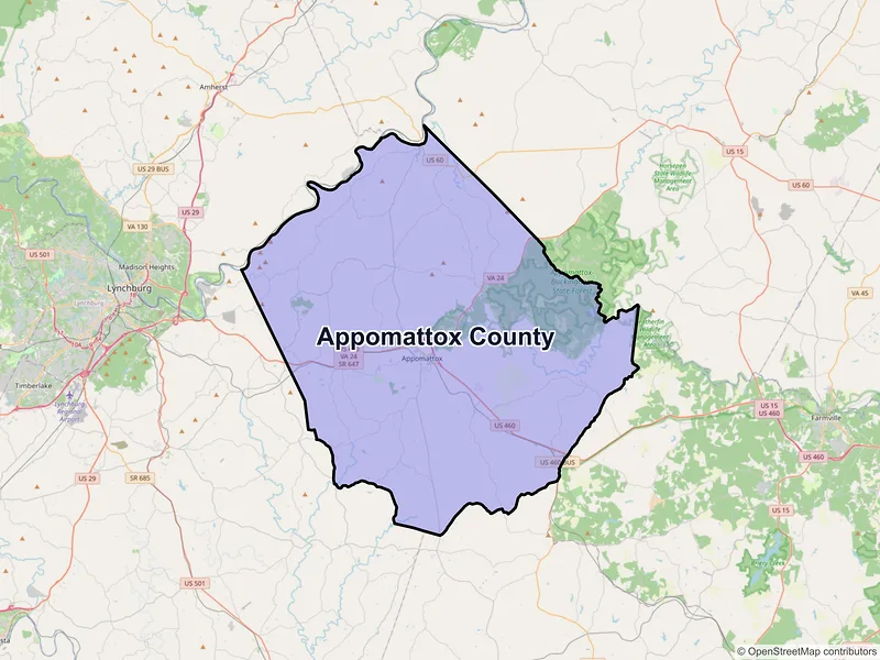 Map of Appomattox County, Virginia and ZIP codes