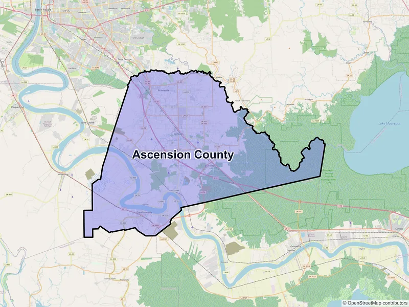 Map of Ascension County, Louisiana and ZIP codes