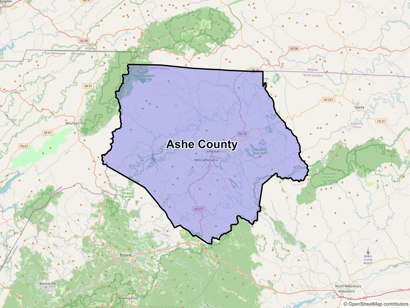 Map of Ashe County, North Carolina and ZIP codes