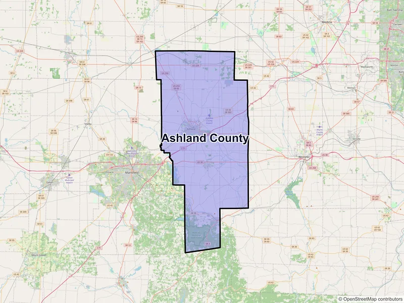 Map of Ashland County, Ohio and ZIP codes