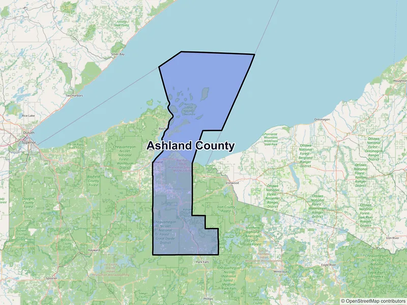 Map of Ashland County, Wisconsin and ZIP codes