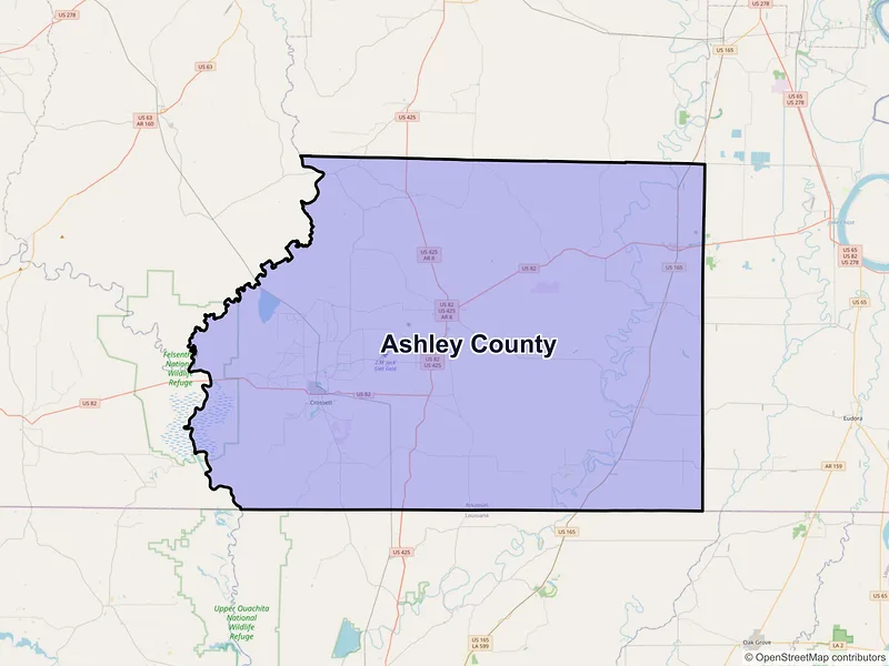 Map of Ashley County, Arkansas and ZIP codes
