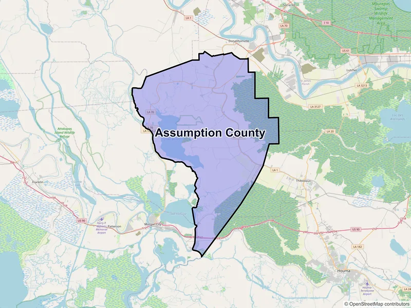 Map of Assumption County, Louisiana and ZIP codes