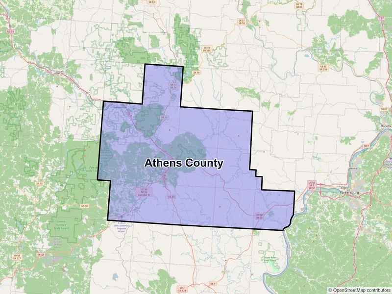 Map of Athens County, Ohio and ZIP codes