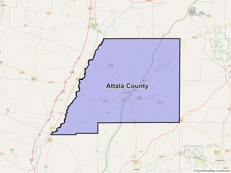 Map of Attala County, Mississippi and ZIP codes