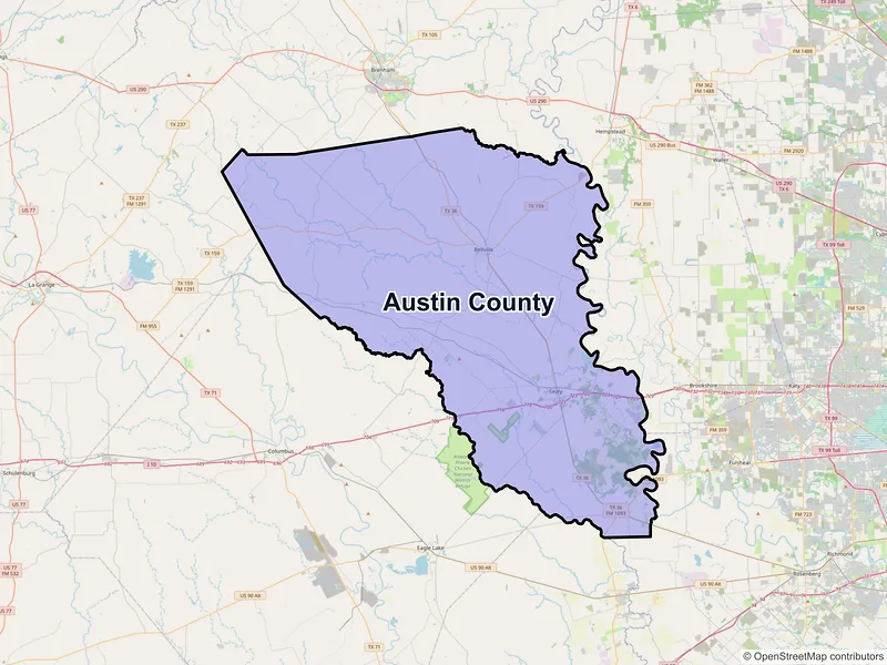 Map of Austin County, Texas and ZIP codes