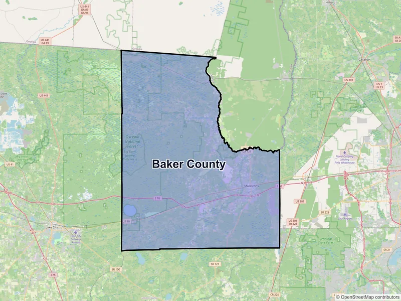 Map of Baker County, Florida and ZIP codes