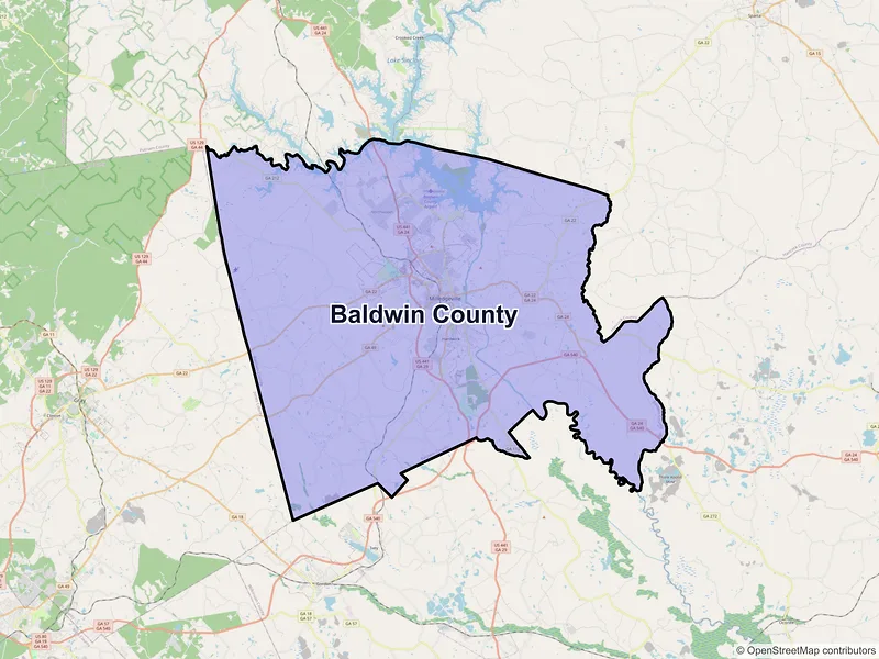 Map of Baldwin County, Georgia and ZIP codes