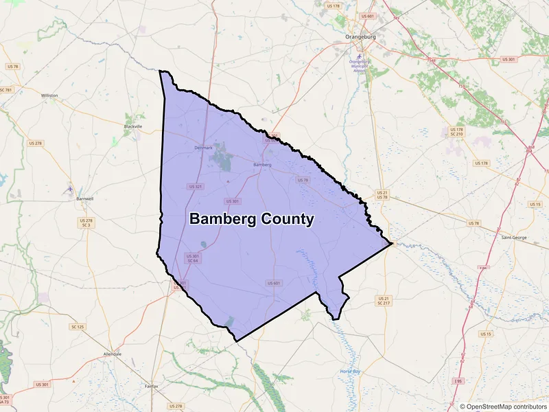 Map of Bamberg County, South Carolina and ZIP codes