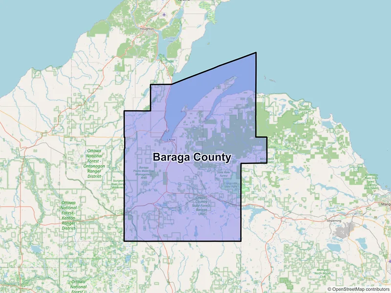 Map of Baraga County, Michigan and ZIP codes