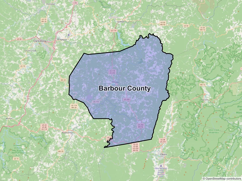 Map of Barbour County, West Virginia and ZIP codes