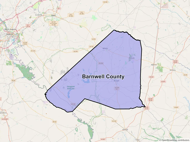 Map of Barnwell County, South Carolina and ZIP codes