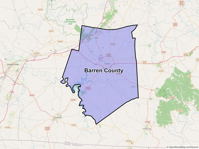 Map of Barren County, Kentucky and ZIP codes