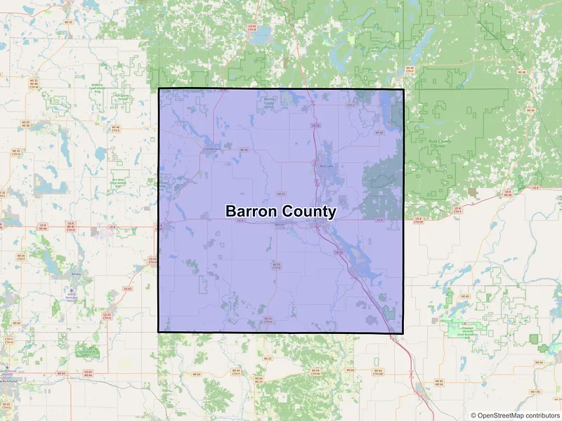 Map of Barron County, Wisconsin and ZIP codes