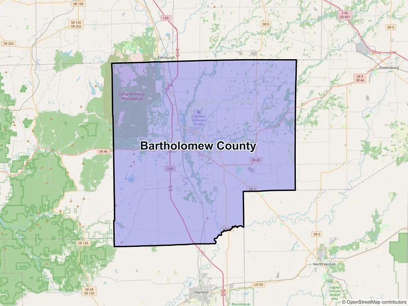 Map of Bartholomew County, Indiana and ZIP codes