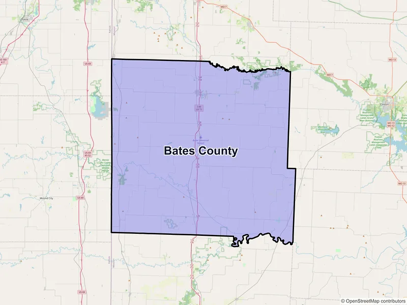 Map of Bates County, Missouri and ZIP codes