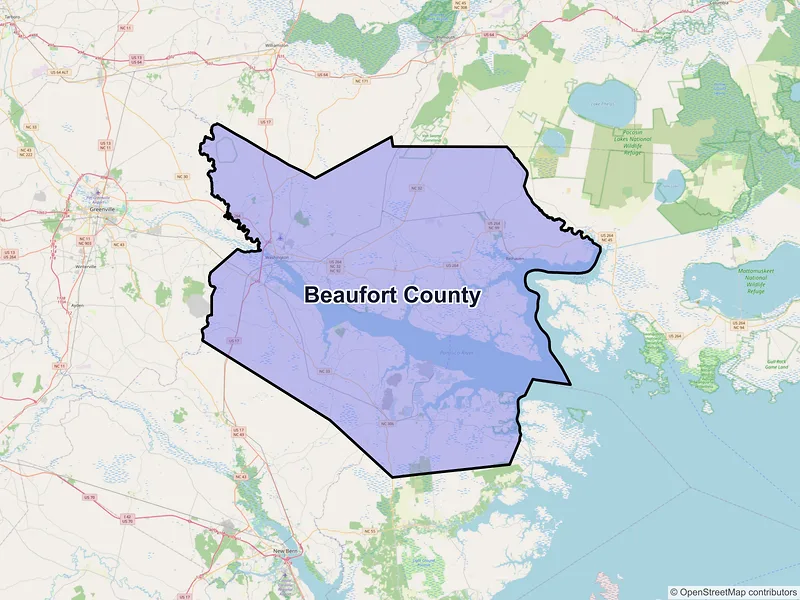 Map of Beaufort County, North Carolina and ZIP codes