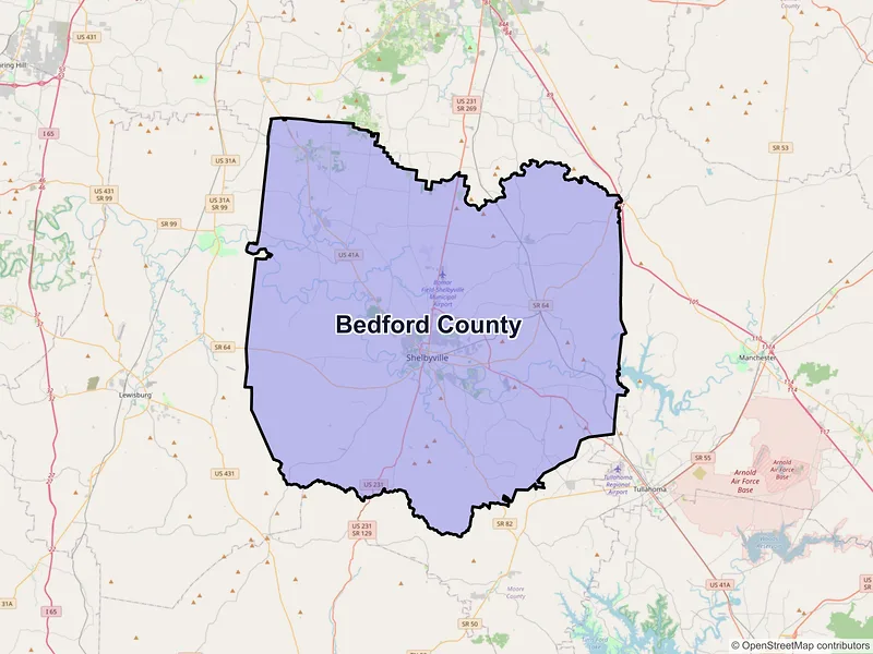 Map of Bedford County, Tennessee and ZIP codes