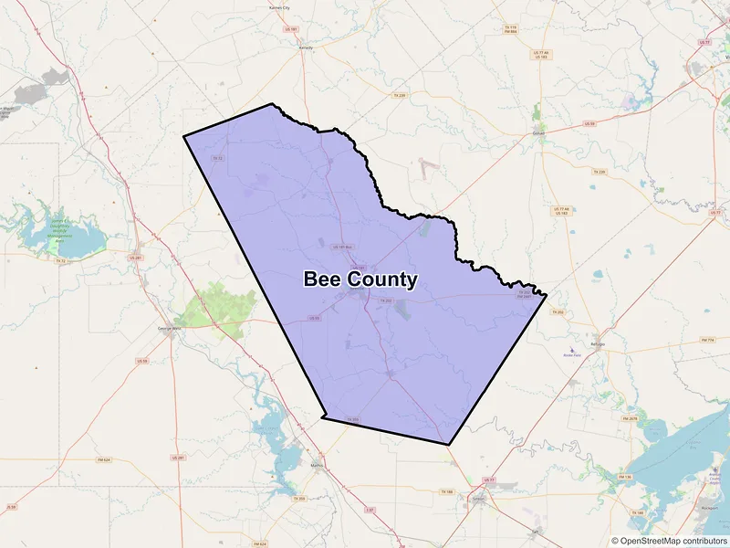 Map of Bee County, Texas and ZIP codes