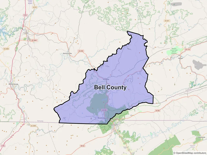 Map of Bell County, Kentucky and ZIP codes