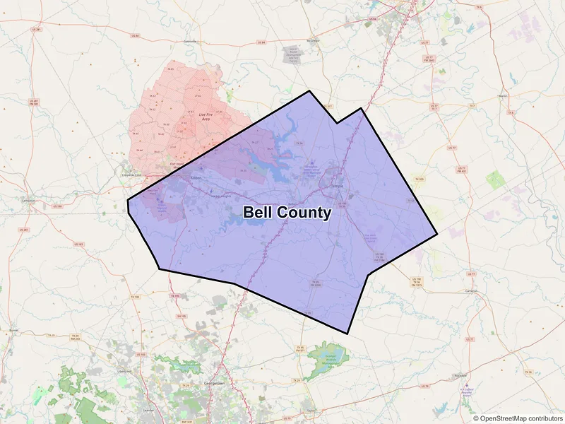 Map of Bell County, Texas and ZIP codes