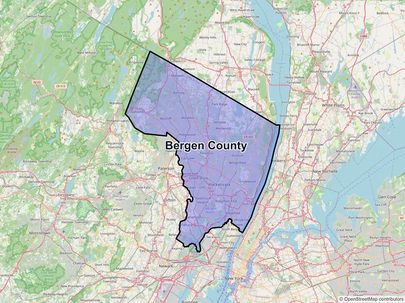 Map of Bergen County, New Jersey and ZIP codes