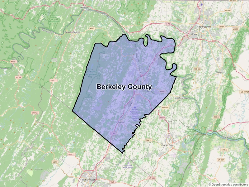 Map of Berkeley County, West Virginia and ZIP codes
