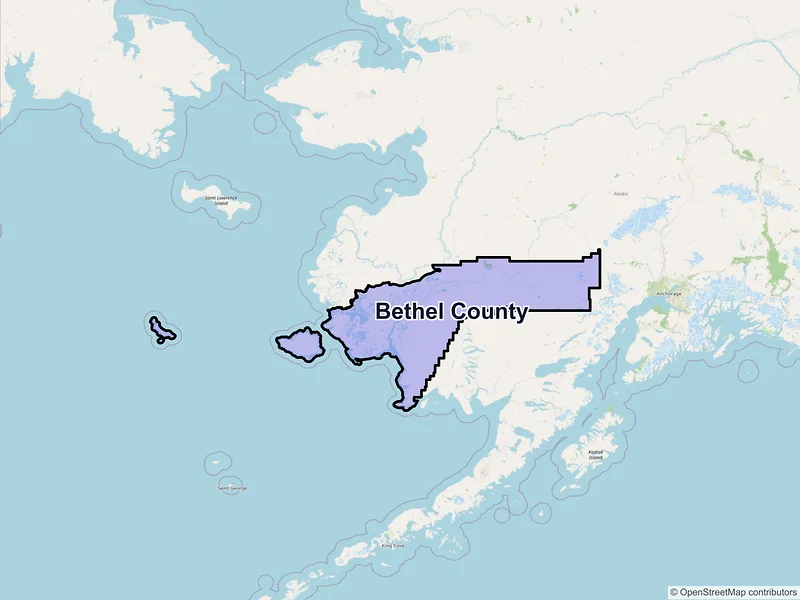 Map of Bethel County, Alaska and ZIP codes