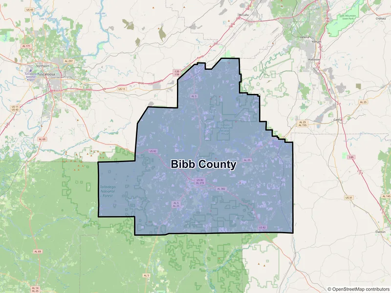 Map of Bibb County, Alabama and ZIP codes
