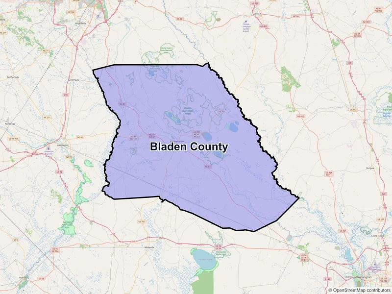 Map of Bladen County, North Carolina and ZIP codes