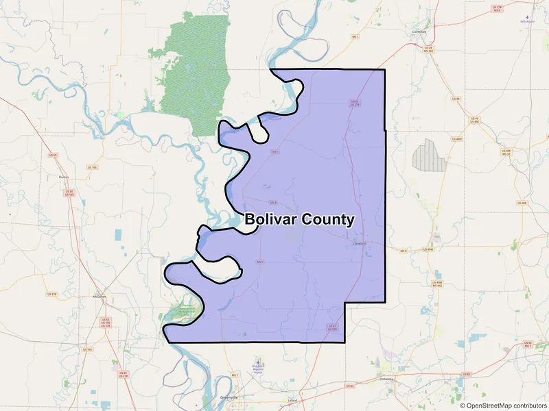 Map of Bolivar County, Mississippi and ZIP codes