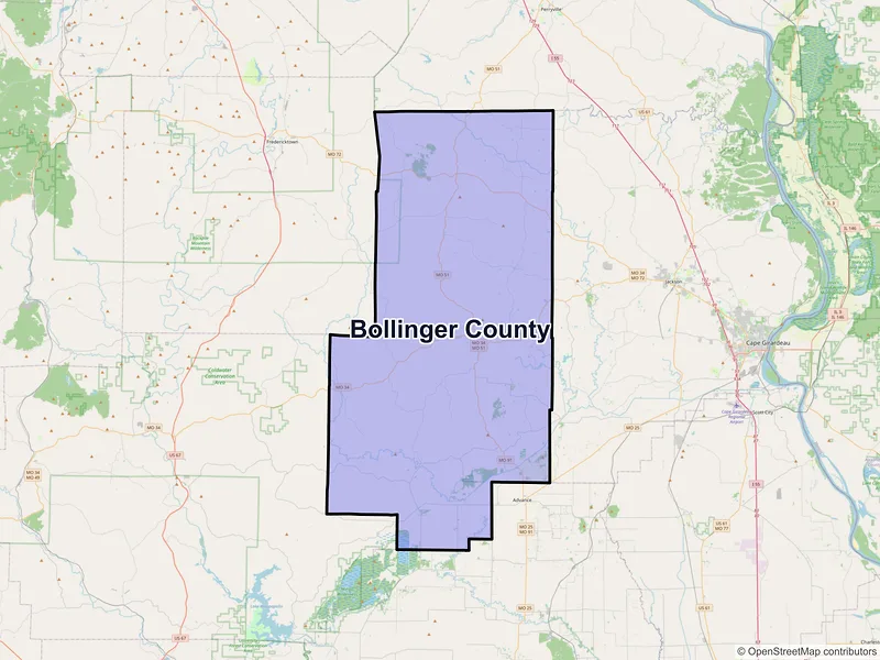 Map of Bollinger County, Missouri and ZIP codes