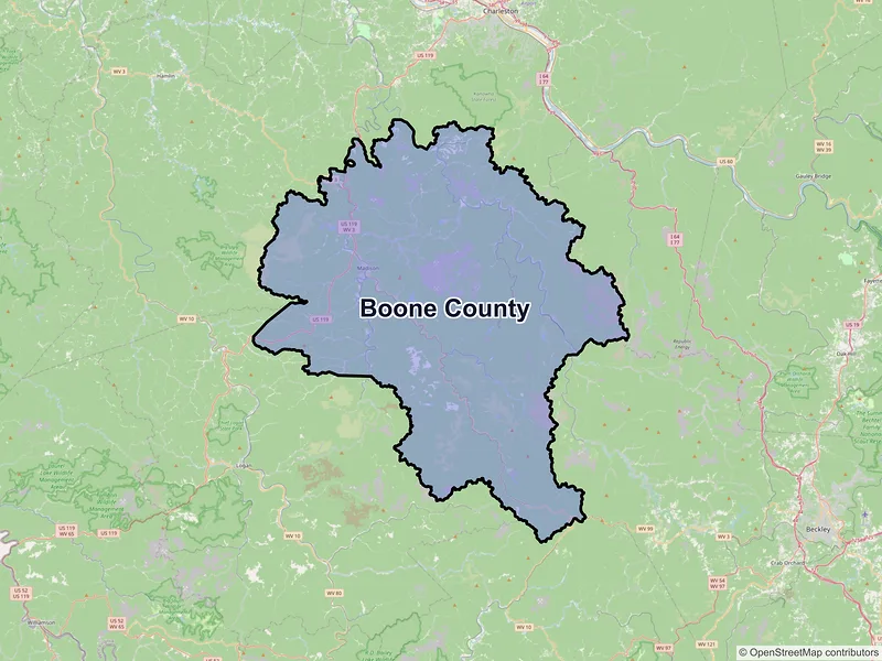Map of Boone County, West Virginia and ZIP codes