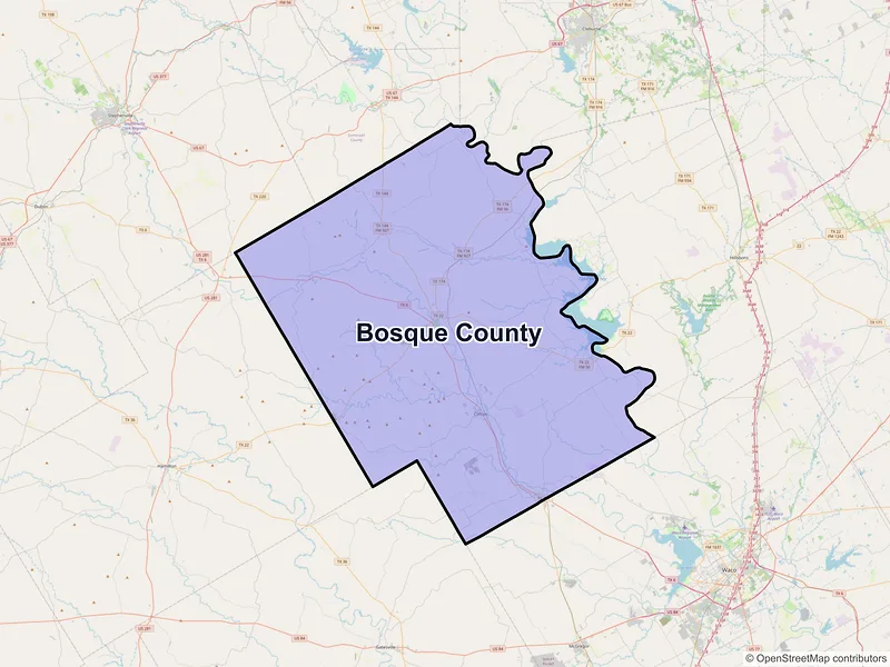 Map of Bosque County, Texas and ZIP codes