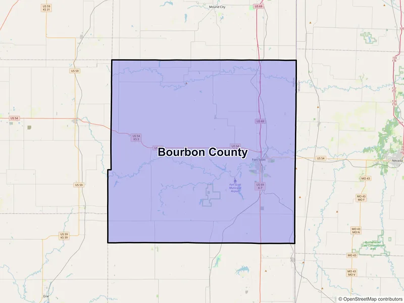 Map of Bourbon County, Kansas and ZIP codes