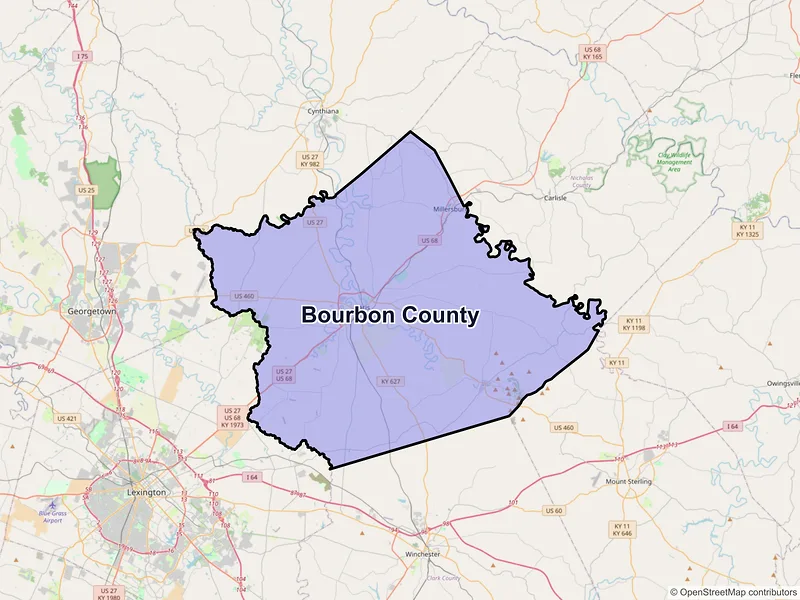 Map of Bourbon County, Kentucky and ZIP codes