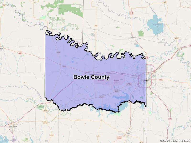Map of Bowie County, Texas and ZIP codes