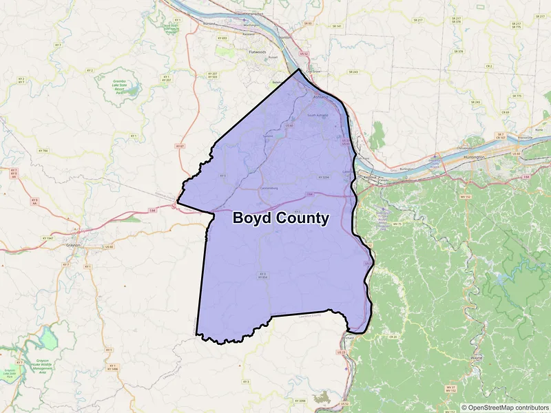 Map of Boyd County, Kentucky and ZIP codes