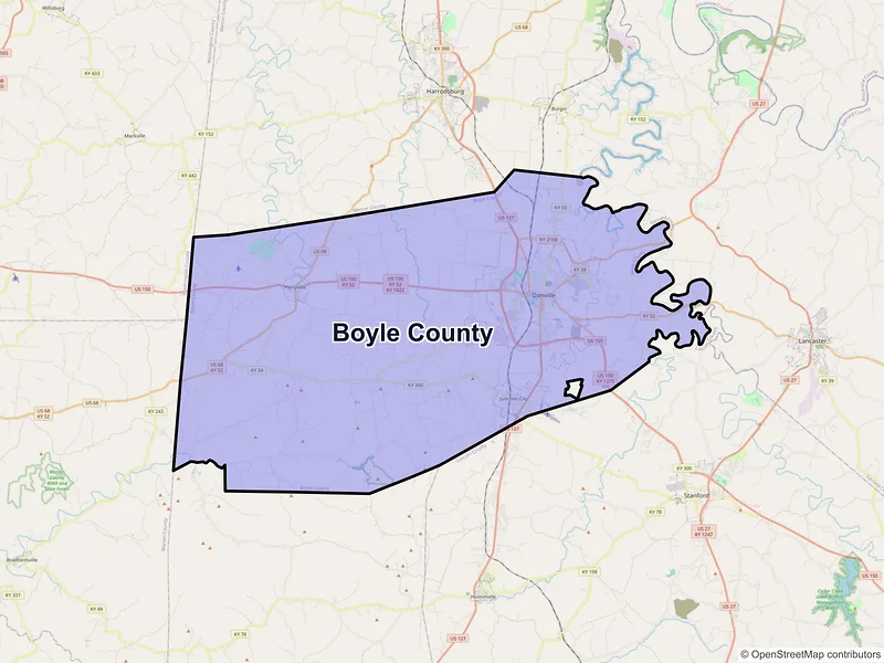 Map of Boyle County, Kentucky and ZIP codes