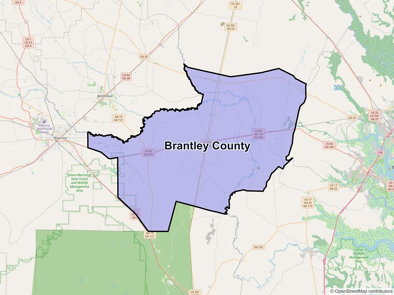 Map of Brantley County, Georgia and ZIP codes